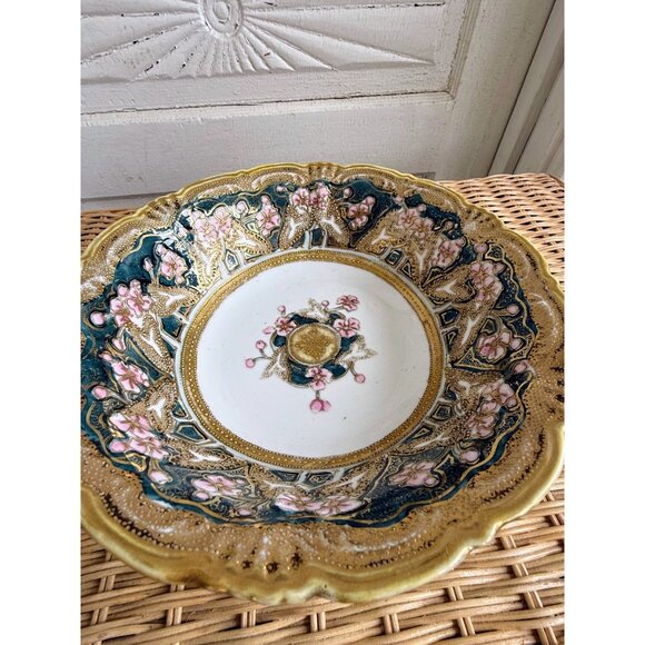 Vintage 40's Nippon Porcelain Bowl Gold Beading Pink Flowers 10" - Picture 14 of 16
